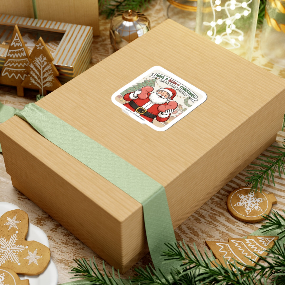Santa Boxing Holiday Sticker — 'Have a Beany Christmas' Kiss-Cut Sticker